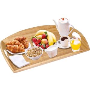 Quality extra large bamboo wood bed serving tray with oval handle wholesale