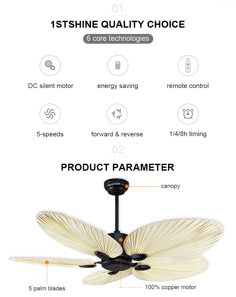 Firstshine Ceiling Fan 52 Inch/OEM Silent Motor Remote Control 5 Palm Blades No Light