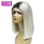 Straight 1b Gray Hair Extensions Human Hair Brazilian Short Ombre Bob Wig 13*4