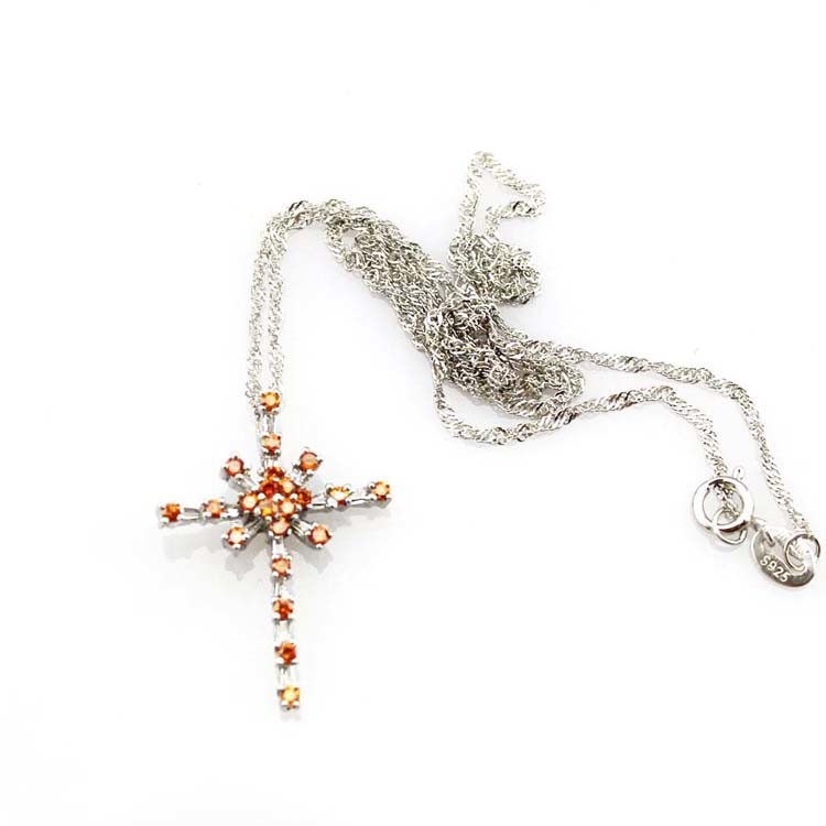 Women Jewelry 925 Silver Pink Cubic Zirconia Cross Pendant Necklace (P37)