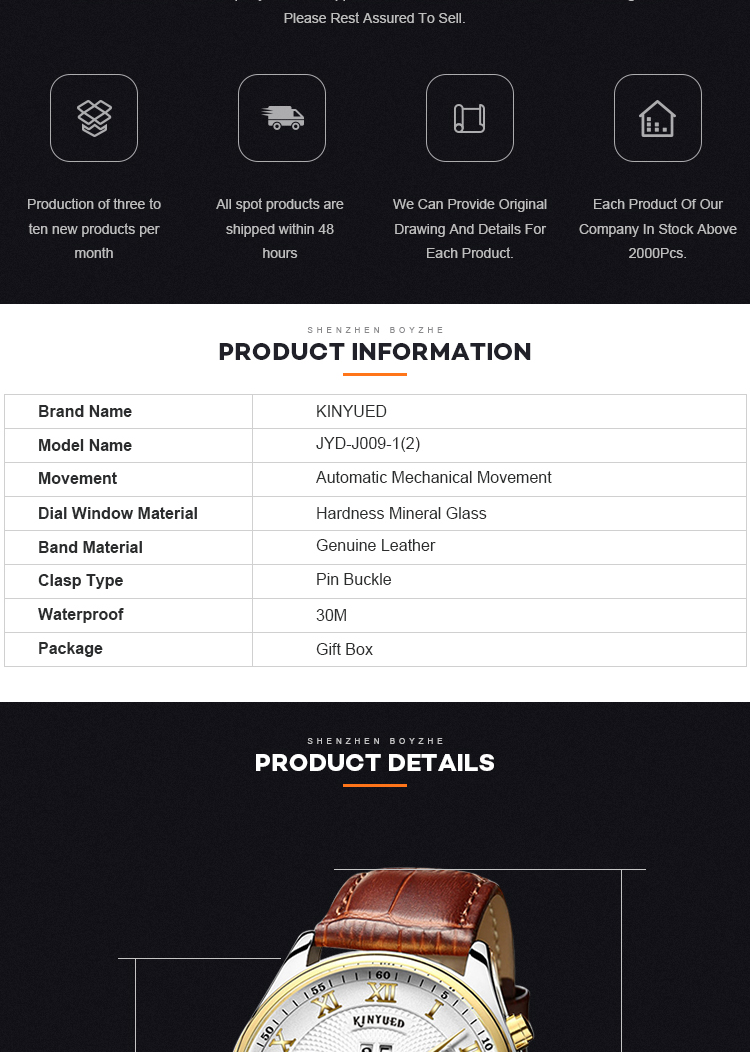 KINYUED Business Power Reserve Automatic Movement Luxury Watches For Men Automatic Skeleton Watch