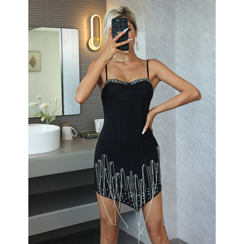 Boho Glamour Fringe Mini Dress With Cold Shoulder Tassel Rhinestone Details