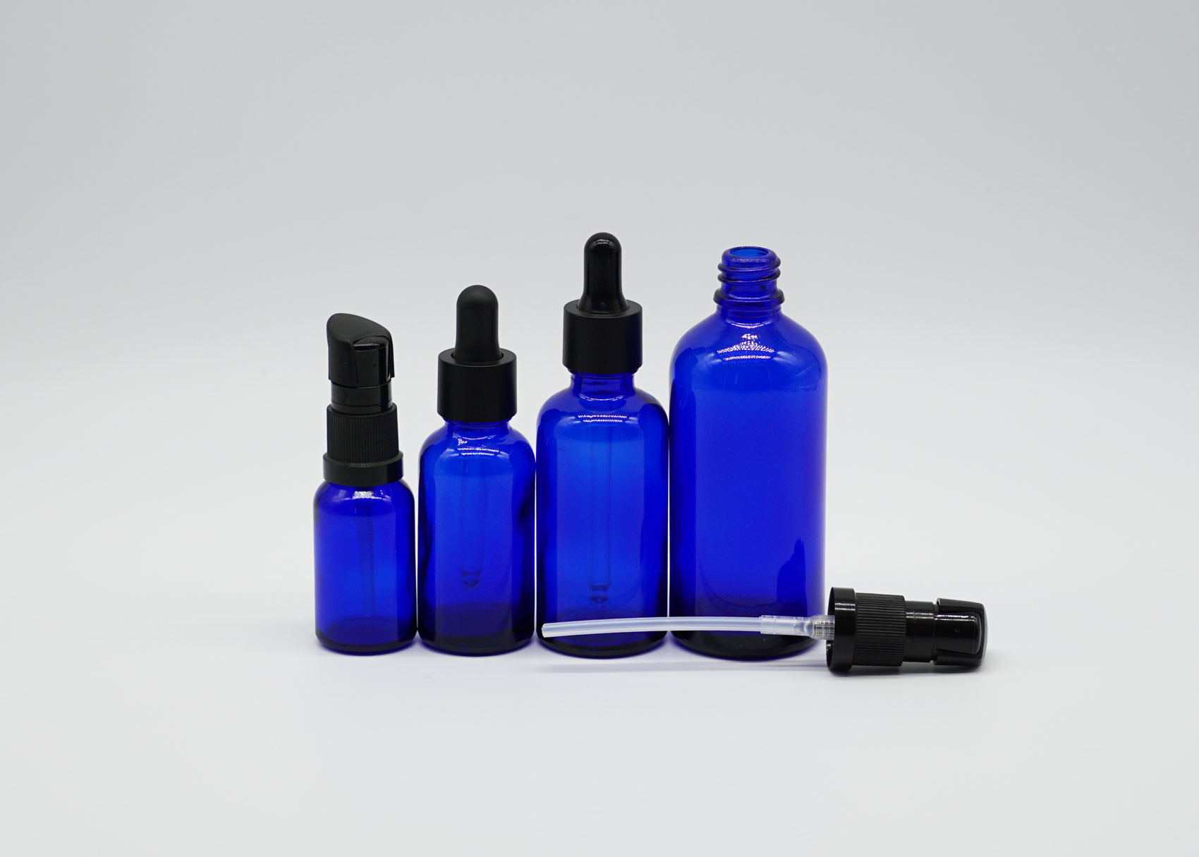 Cylinder Essential Oil Dropper Bottles Lotion Pump Tops Blue Clear Color