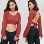 Open Back Knotted Cut Out Long Sleeve Knit Top Women