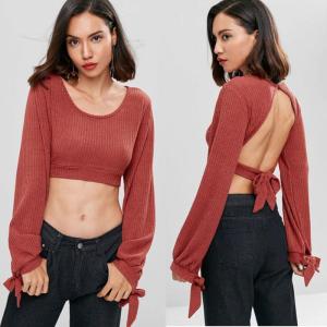 Quality Open Back Knotted Cut Out Long Sleeve Knit Top Women wholesale