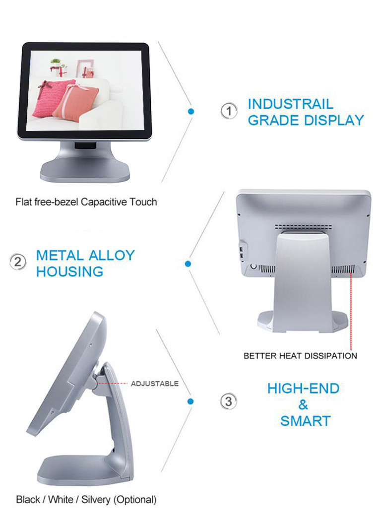 Scratches Resistance Silver Color 15 Inch All In One Pos With 8 Digital LED Display