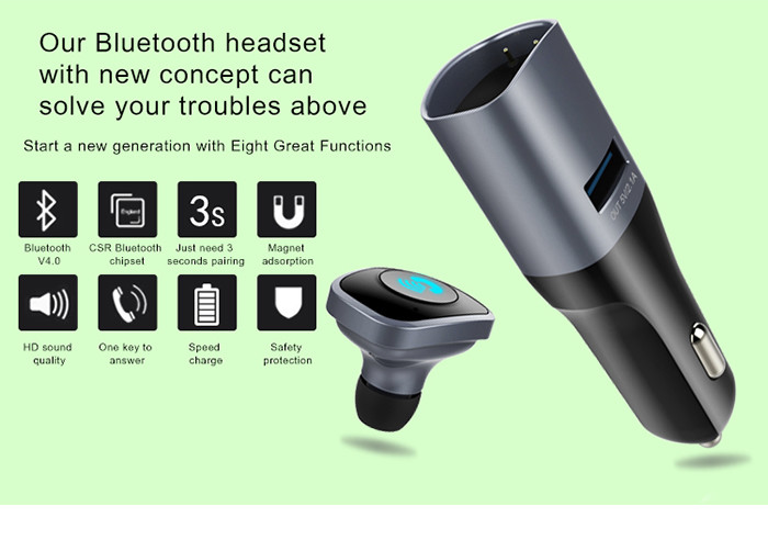Two Way Plug Bluetooth USB Car Charger Handsfree Car Kit Bluetooth Headset