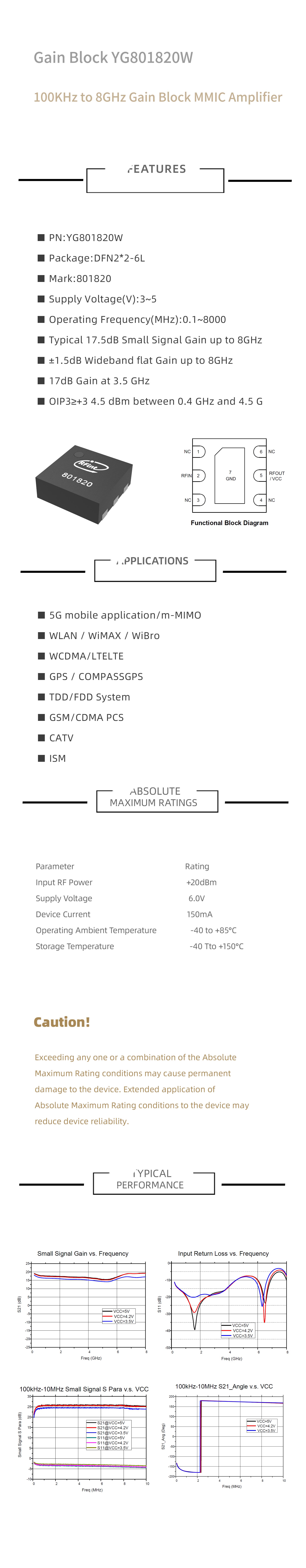 20dBm 5G 100MHz-8000MHz Rf Signal Amplifier Gain Block IC For Mobile Applications