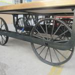 Square Pine Wood Retro Trunk Table Metal Carriage Wheel Bedroom