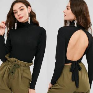 Quality Blank Open Back Long Sleeve Ribbed Turtleneck Crop Top wholesale