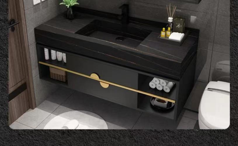 Apartment Bathroom Cabinet Set Nordic Modern Black Wooden Mirrored Wall Mounted Furniture