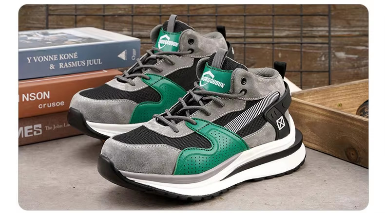 Steel Toe Mid-cut Pigskin And Flying Knit Safety Boots For OEM Security Work