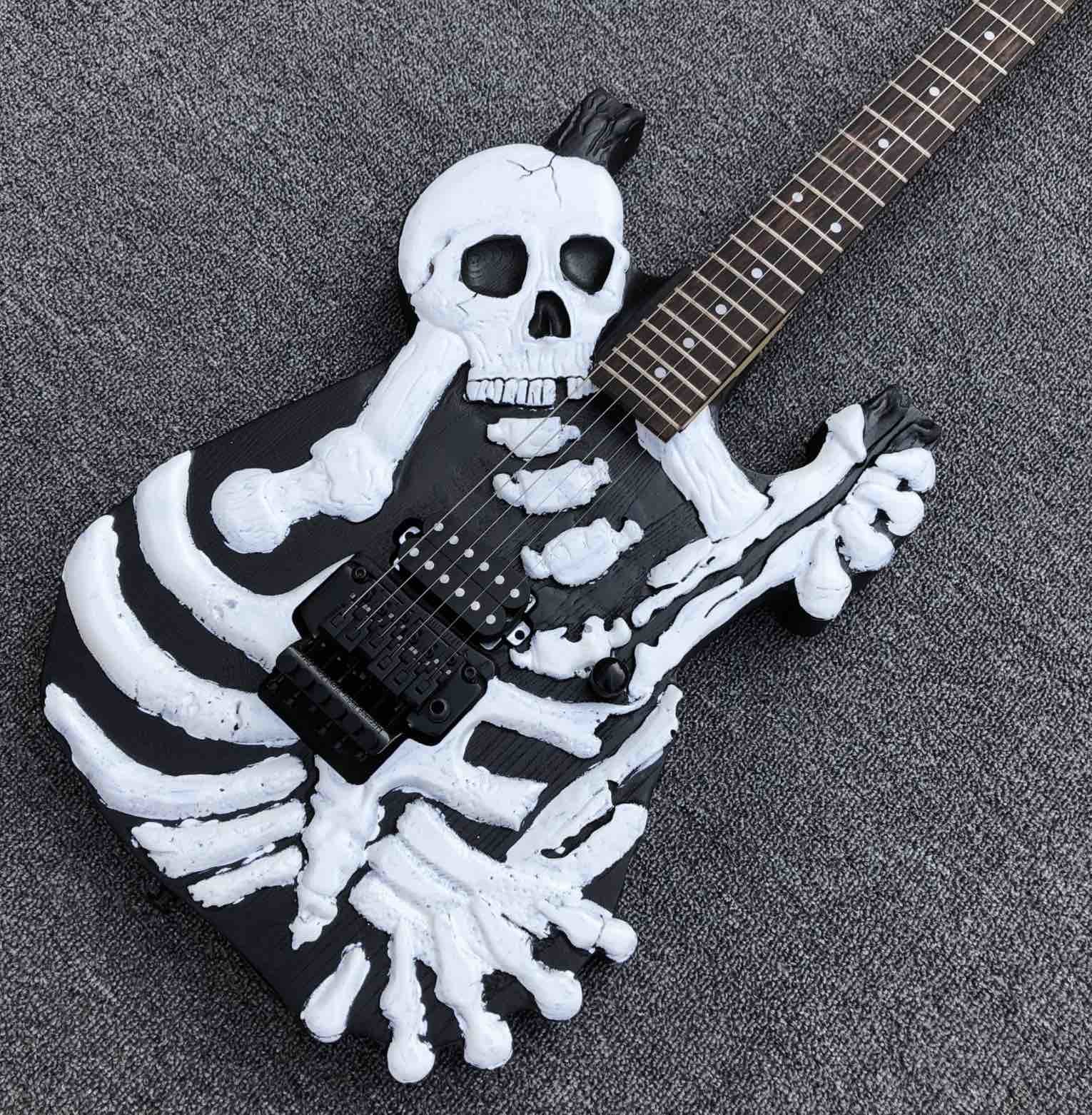 Top Quality 6 Strings Bones Black Skull Electric Guitar