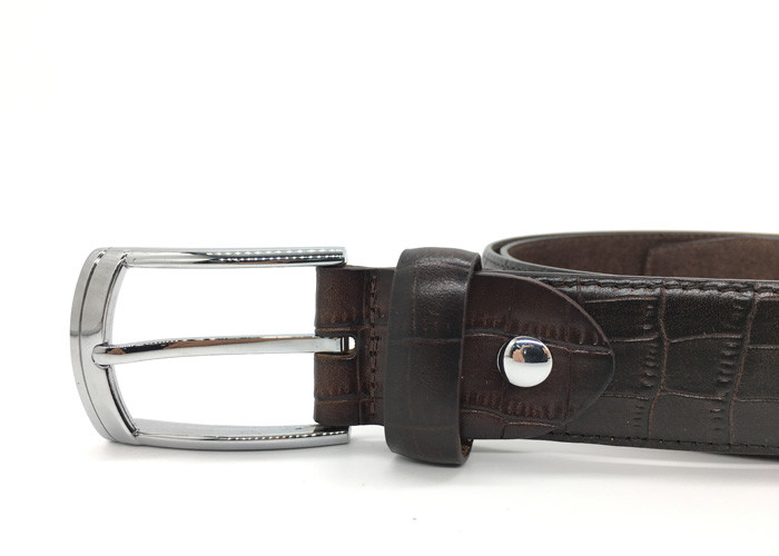 Brown Croco Textured Mens Leather Dress Belt With Shinny Nickel Prong Buckle 35mm Wide