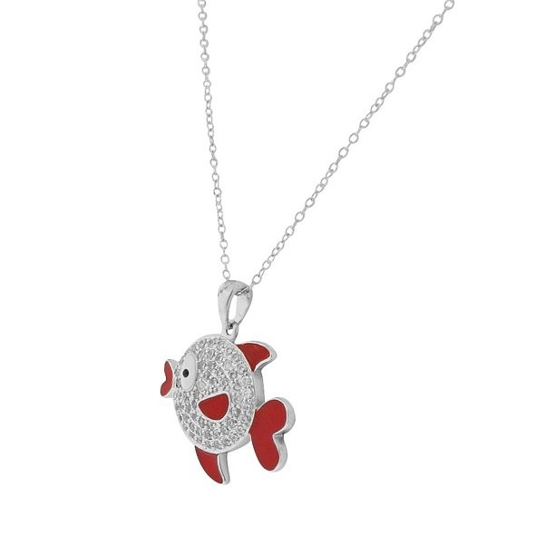 Sea Life Red Enamel White Clear CZ Fish Pendant Necklace 925 Sterling Silver