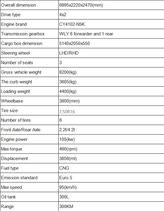 105KW 4 Ton Tow Capability CNG Truck Clean Energy Natural Customized CHAOCHAI LIGHT