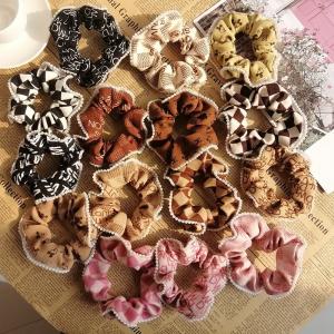 Quality Fashion Great Handmade Girls Women Grid Letter Pearl Lace Fabric Mickey Scrunchi wholesale