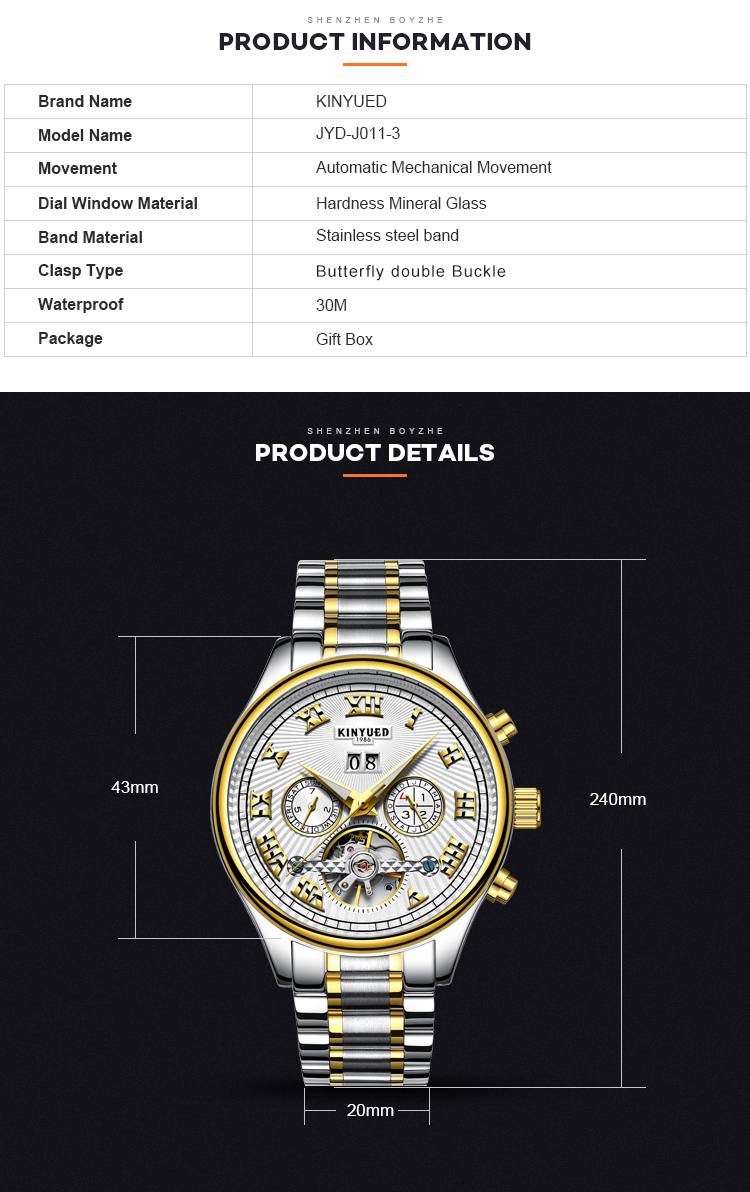 Automatic watch luxury brand KINYUED tourbillon automatic mechanical watch for men