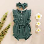 In Stock Summer Baby Girls Romper + Headband Cotton Linen Ruffles Sleeveless