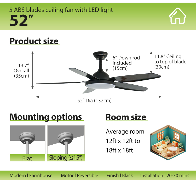 52inch Black ABS Blades 6 Speeds Remote Control LED Ceiling Fan Light with Copper Motor
