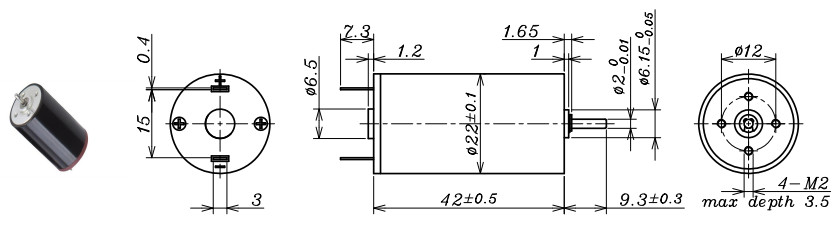 12v Dc Motor Carbon Brushes , 22mm Coreless Electric Motor 45 MA Current