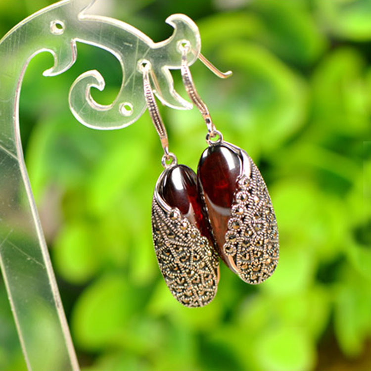 Thai Sterling Silver Created Garnet Marcasite Dangle Drop Earring(E12287RED)