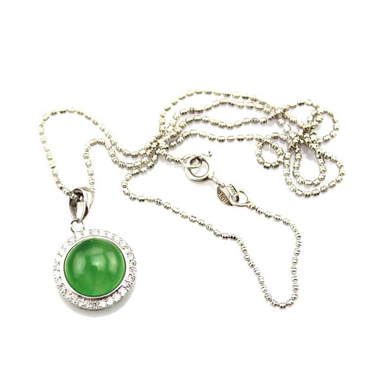 Sterling Silver Bead Chain Necklace Round 11mm Green Jade Cubic Zirconia Pendant (PSJ025)