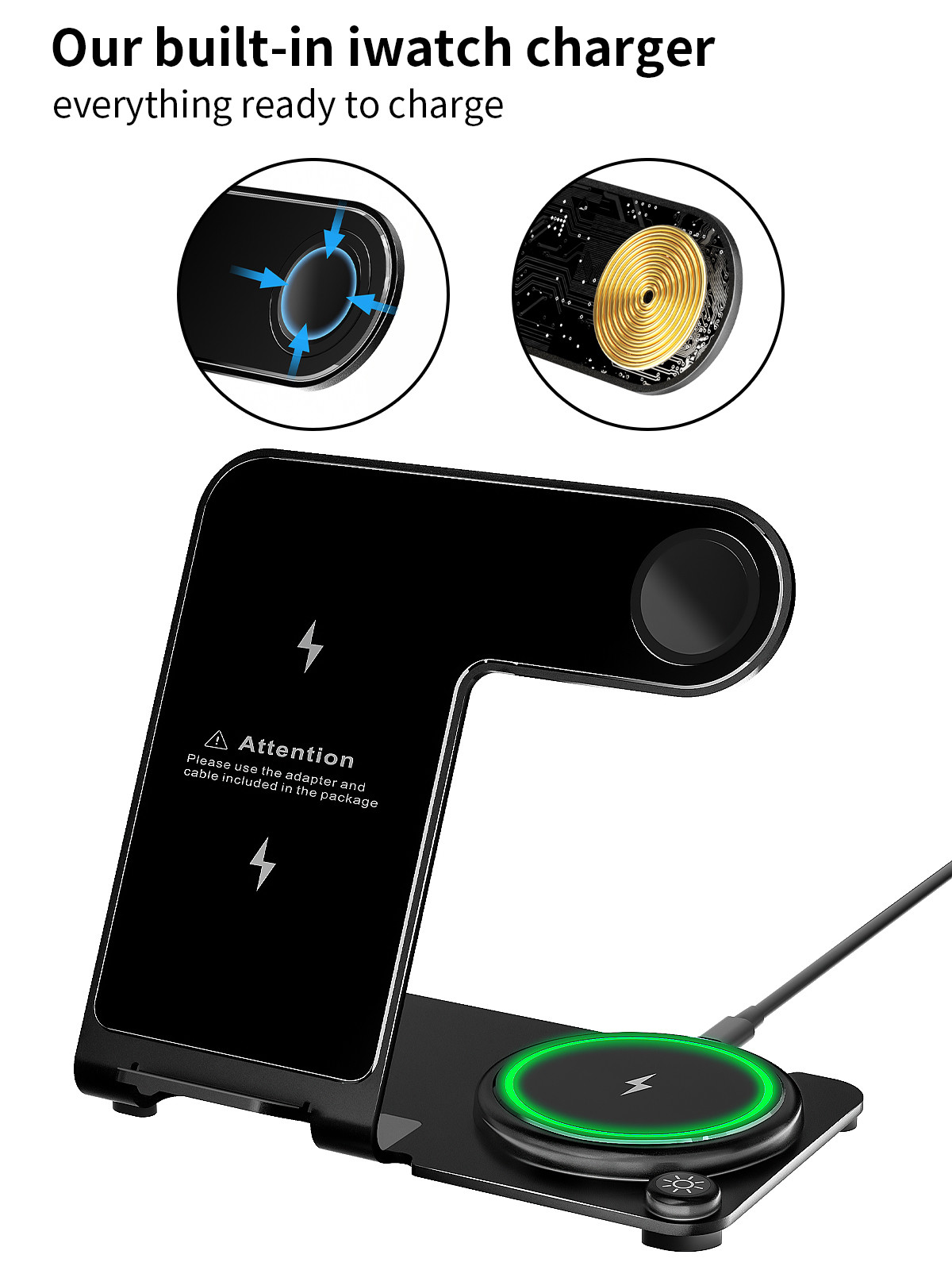 Stylish 3 In 1 Aluminum Alloy Wireless Charging Stand with High Charging Effeciency