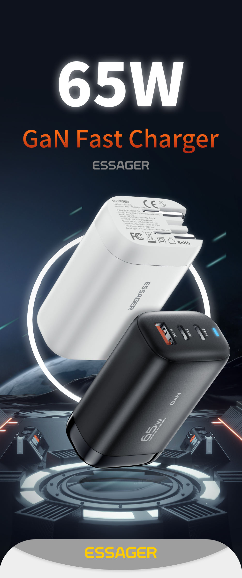 Travel GaN PD Wall Charger 65w 3 USB Port USB A Type C Fast Charging
