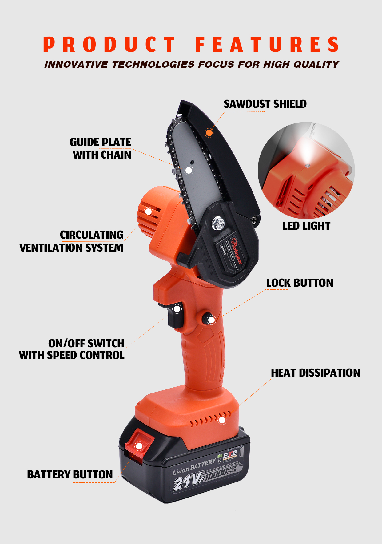 1300mAH Lithium 4500r/min Battery Powered Chainsaw Cordless Saw Tools 21V