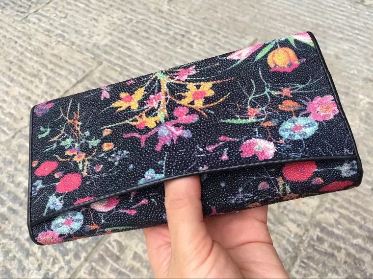 Authentic Stingray Skin Female Long Flower Trifold Wallet Genuine Leather Lady Large Clutch Bag Women Floral Coin Purse