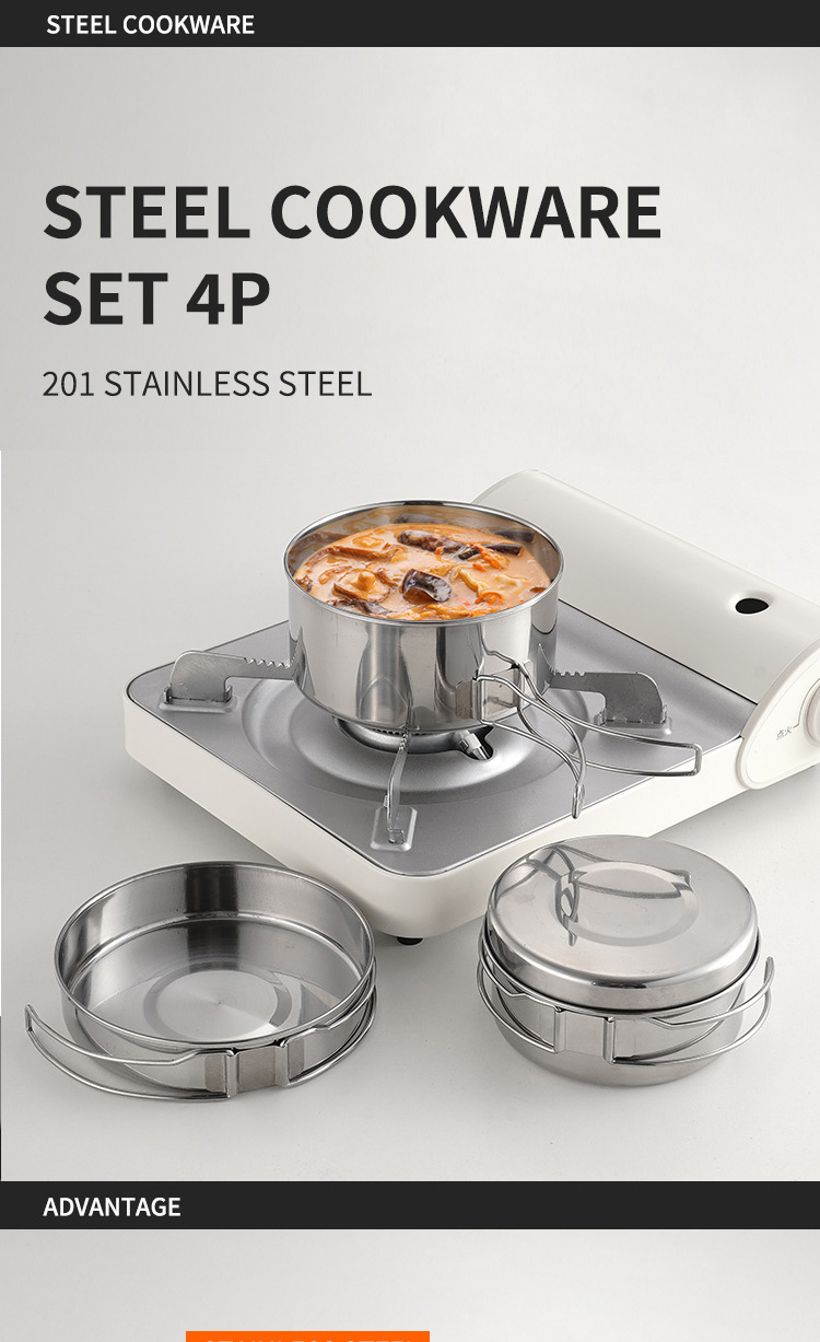 Multifunction 4 Pieces Outdoor Cookware Set Stainless Steel Titanium Pots