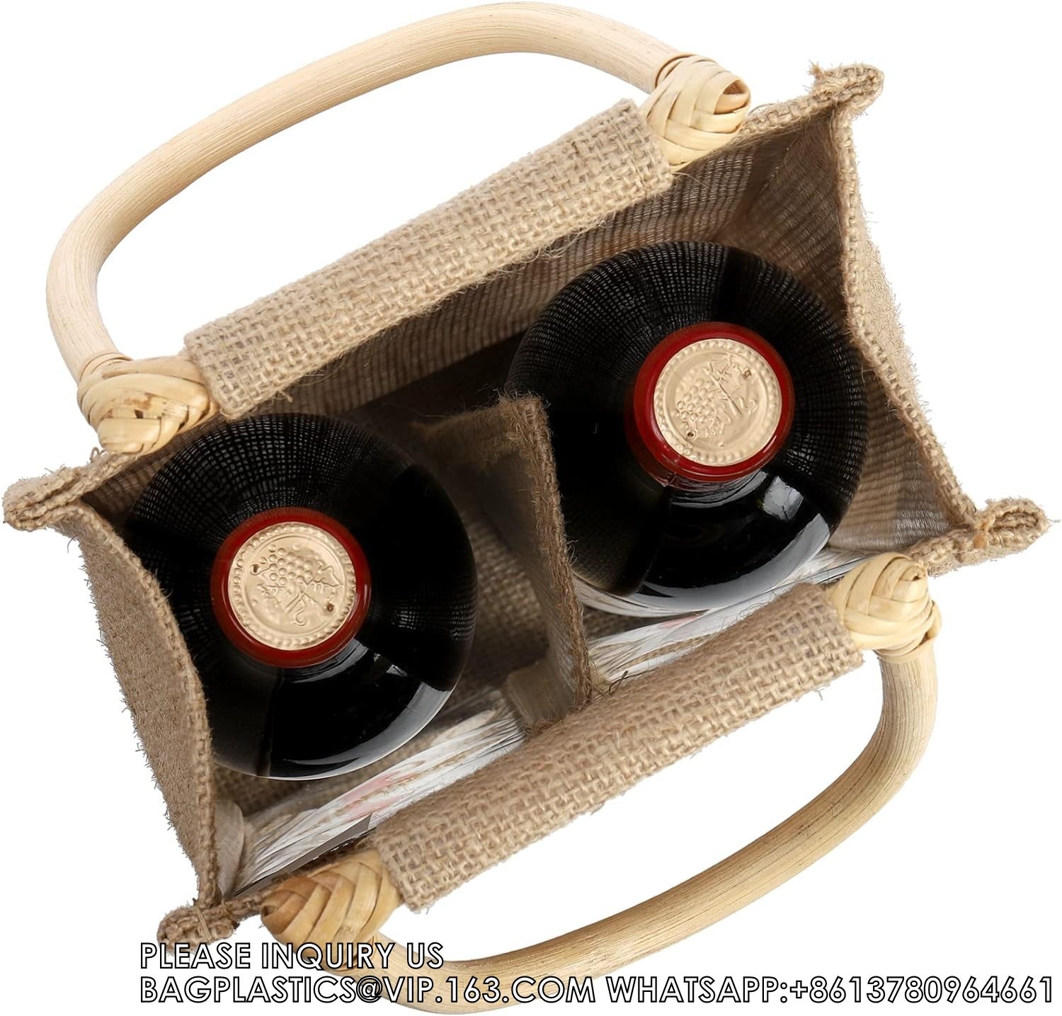 Double Window Two Bottles Burlap Jute Wine Bottle Bag Wedding, Party Favors, Christmas, Holiday And Wine Tasting