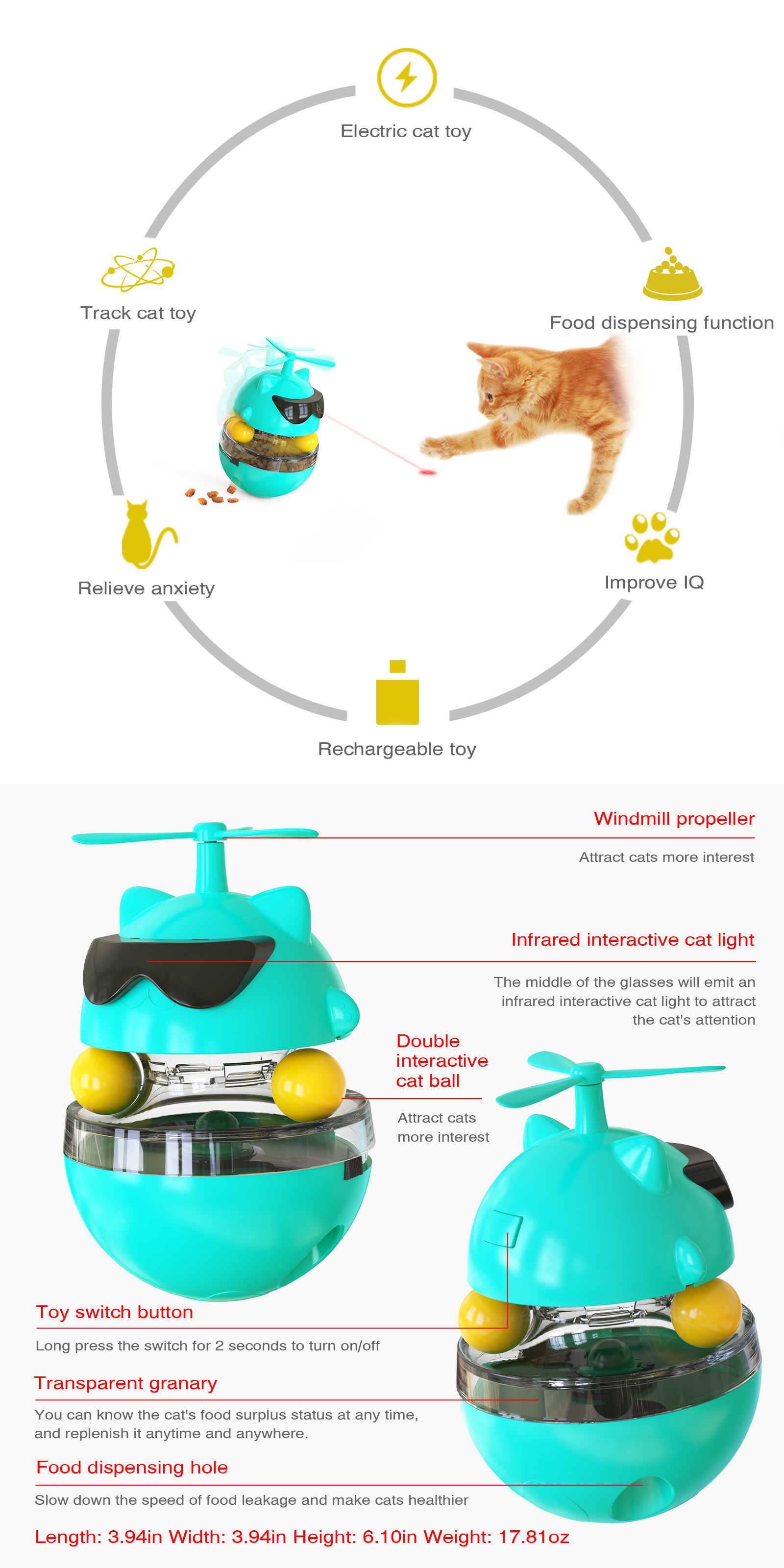 Turntable Cat Treat Feeder Toy Multifunction Automatic Laser Light For Cats