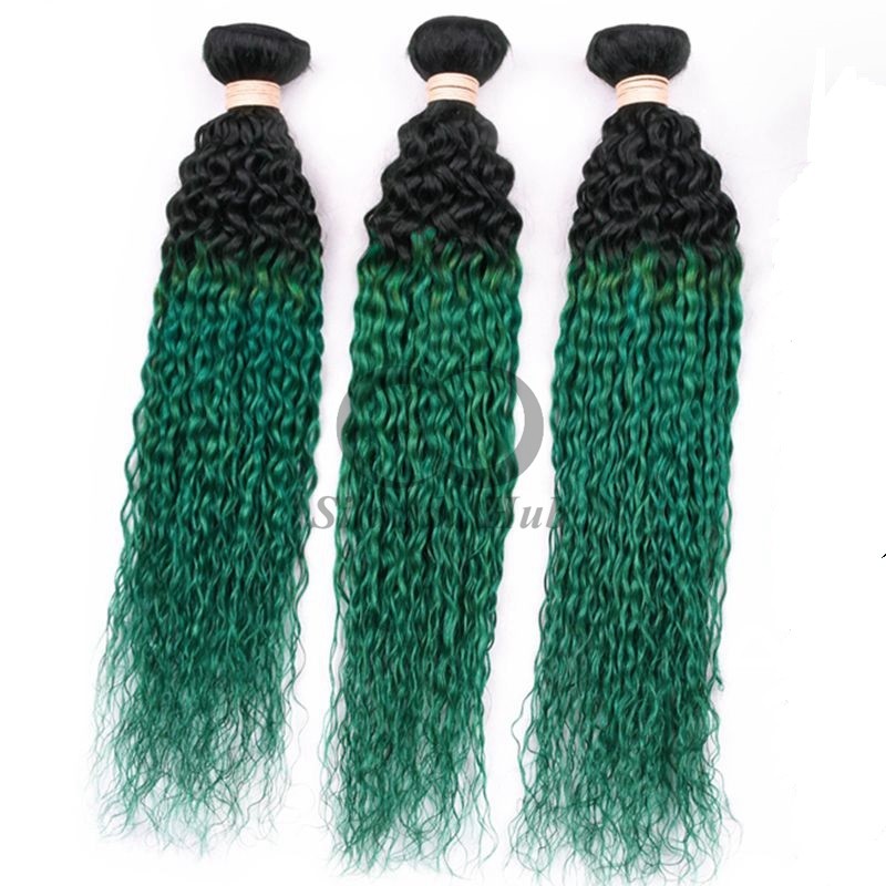 #T1B/Green Kinky Curly Remy Human Hair Bundles Sew In Weave Bundles Brazilian Bundle Deals