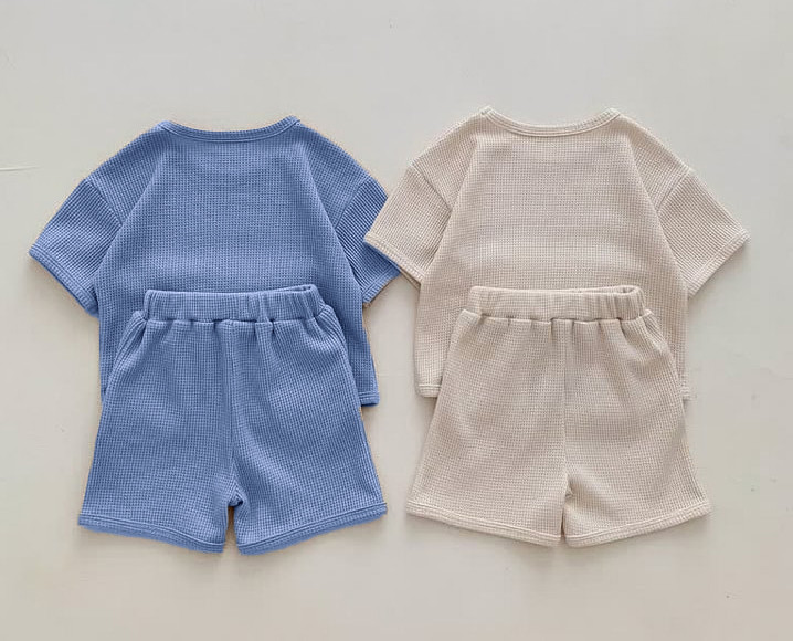 Custom Toddlers Waffle Fabric 2Pcs Cotton Embroidery T Shirts Set Summer Loungewear
