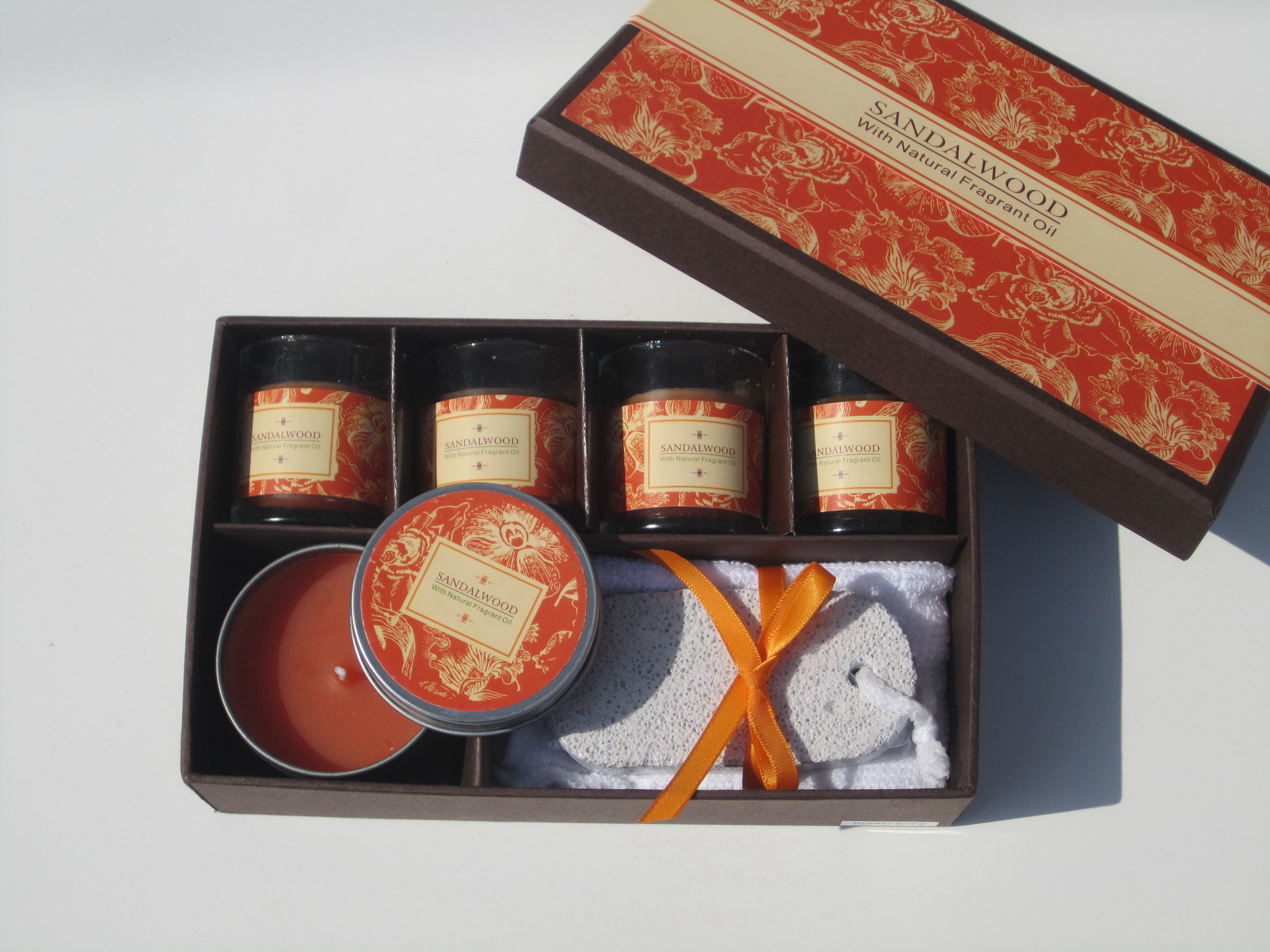 Orange & Brown scented & assorted glass candle & tin candle packed into gift box