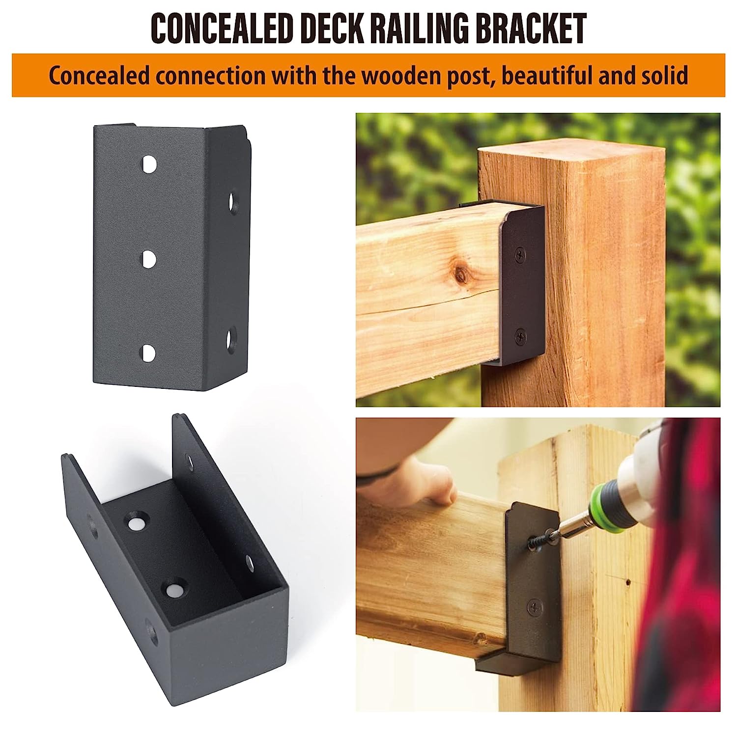 Steel Deck Railing Brackets Connectors for 2"x4" (Actual 1.5"x3.5") Railing Wood Post (Black)
