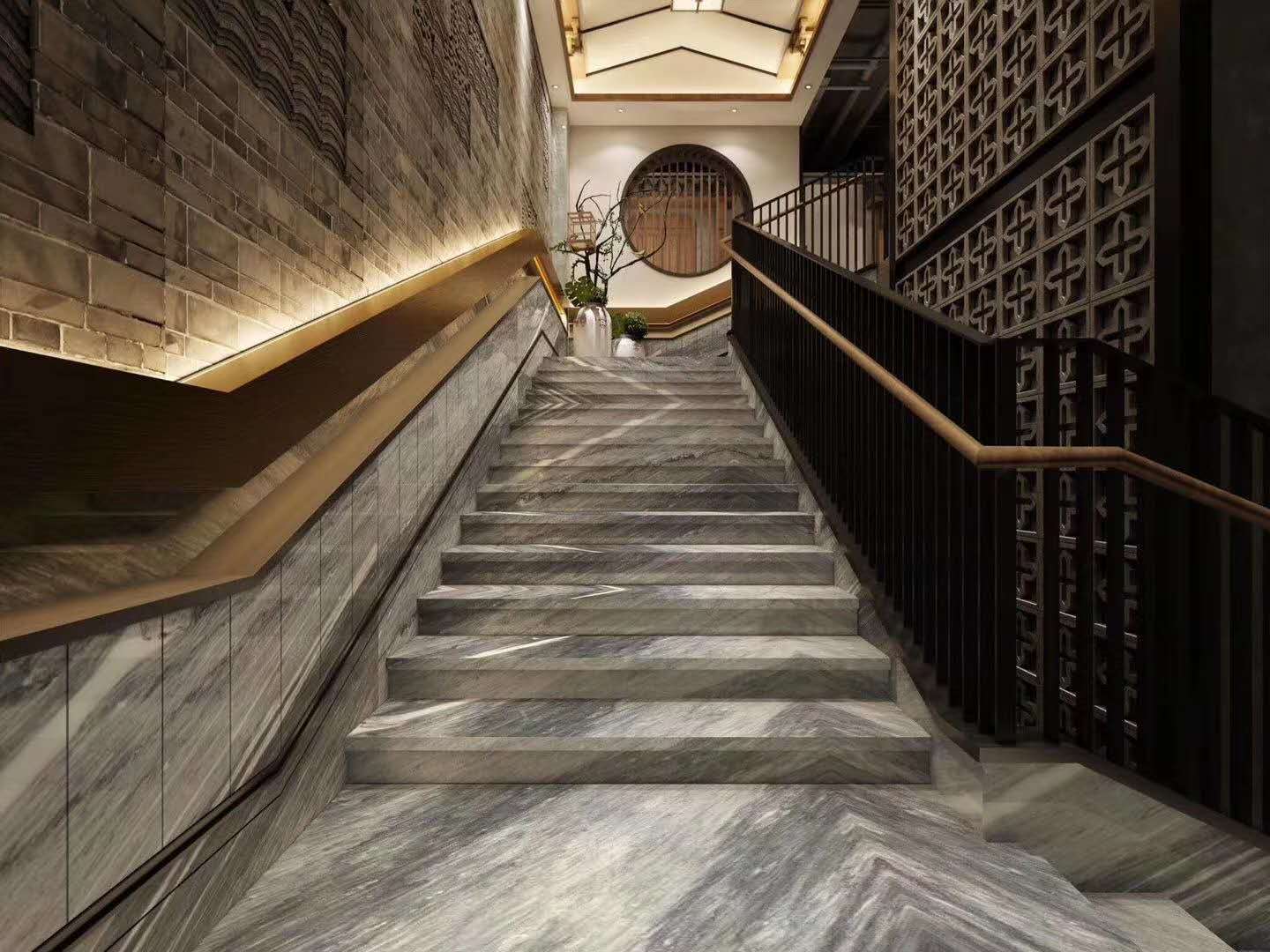 ODM/OEM 18mm Thickness European Design White Grey Grains Marble Carved Stair Treads and Risers