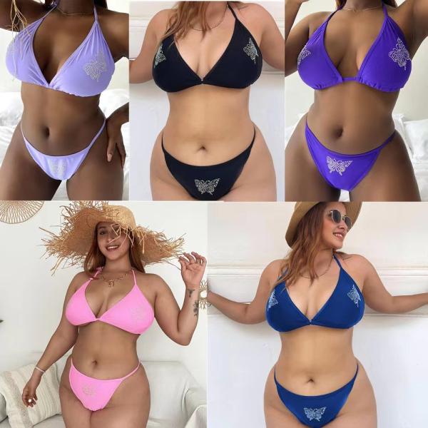 Three Point Large Size Ladies Swimwear Rhinestone Butterfly Va Va Voom Plus
