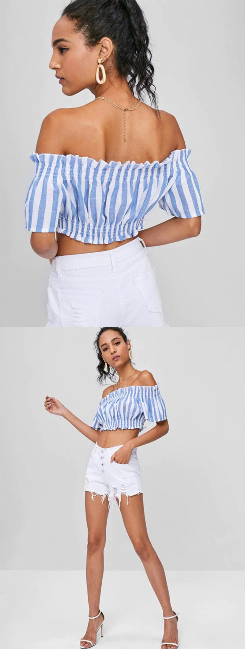 Apparel Womens Striped Off Shoulder Cropped Top