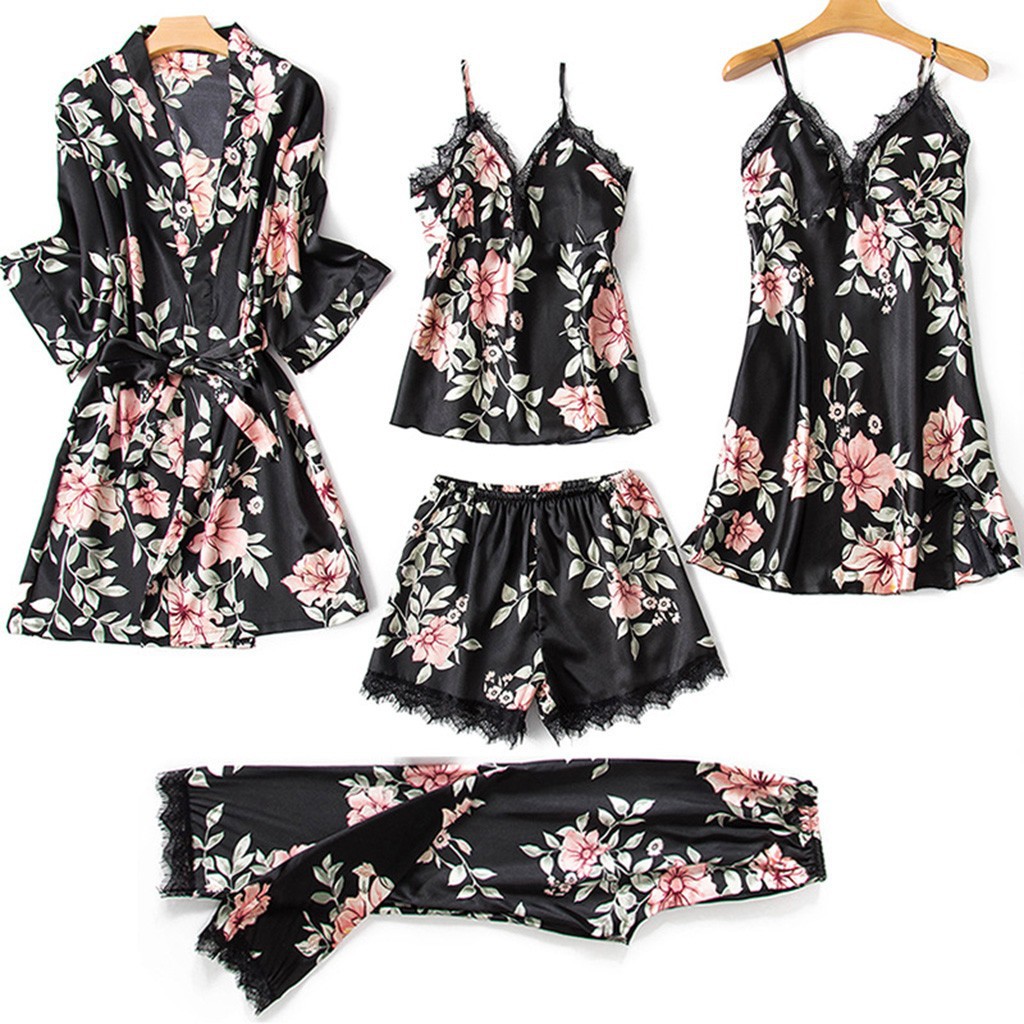 5 Pieces Women Sleepwear Lace Sexy Bodysuit Lingerie Plus Size Loose Comfortable