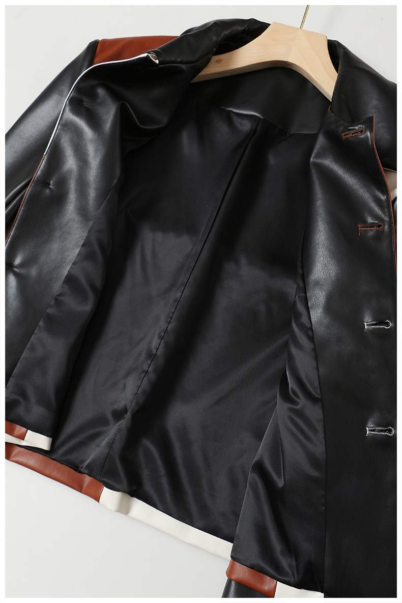 High Fashion Breathable Stitching Color Long Sleeve Button Cropped PU Baseball Leather Jackets