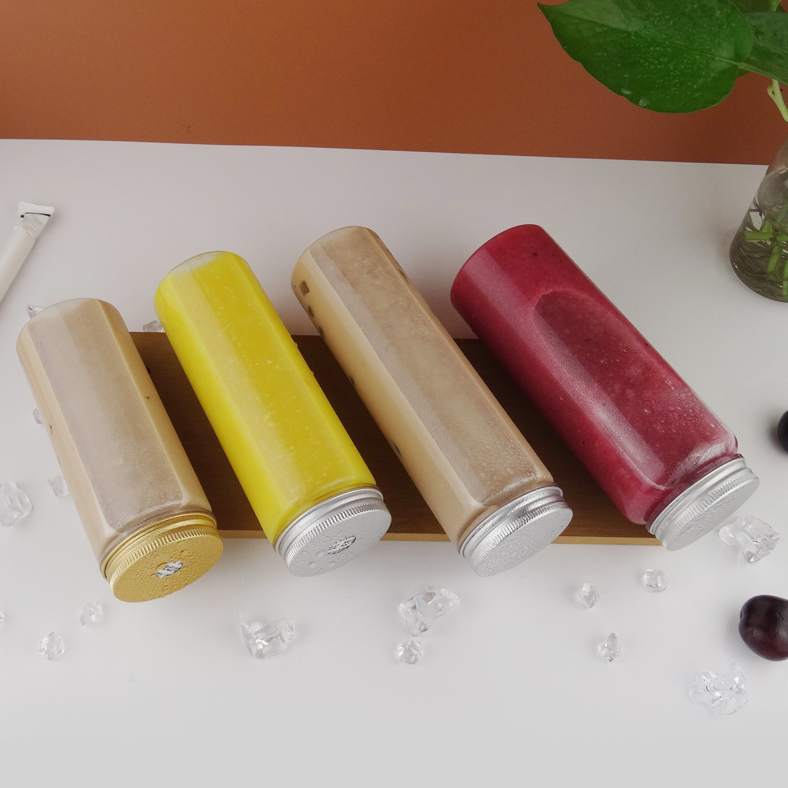 Beverage Round Plastic Pet Boba Juice Bottles Transparent 450ml With Aluminum Lid