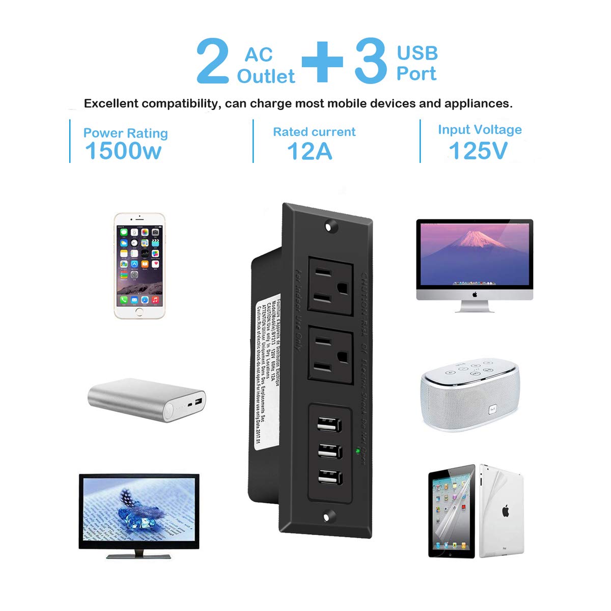 Standard Grounding Smart USB Power Recessed Desk Outlet For Office 120V