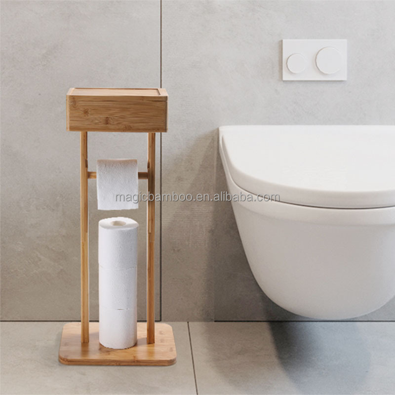 Freestanding Bathroom Storage Rack Bamboo Toilet Roll Holder For Paper