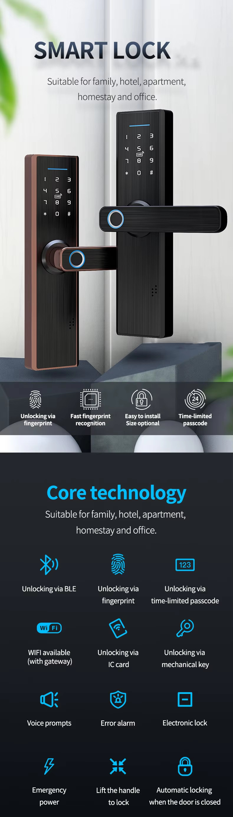 Black Wifi Bluetooth Lock 154*63*24mm Wifi Keyless Door Lock Auto Unlock