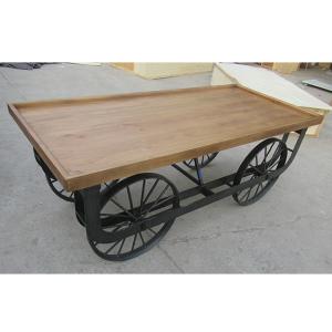 Quality Square Pine Wood Retro Trunk Table Metal Carriage Wheel Bedroom wholesale