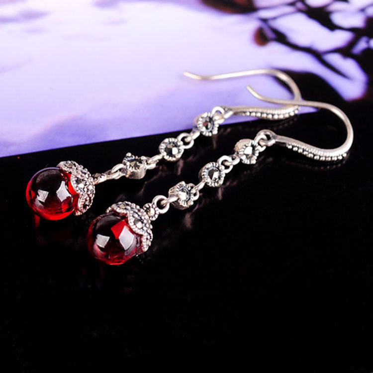 Antique Thai Silver Jewelry Sterling Silver Red Garnet Marcasite Drop Dangle Earring (E12031RED)