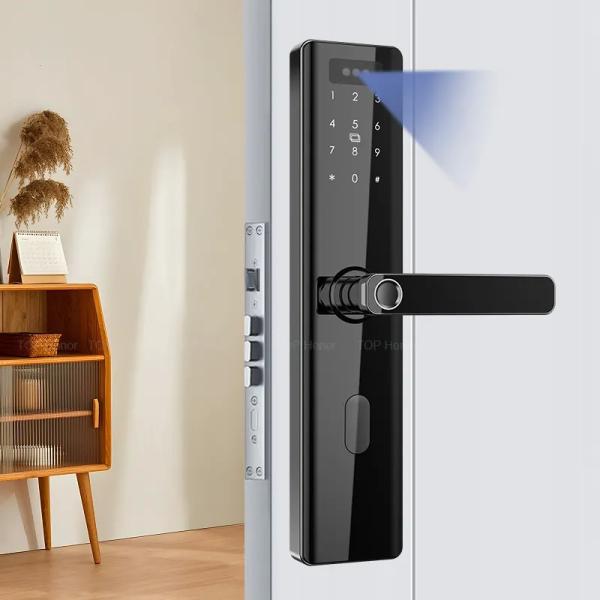 Cheap Black Smart Face Recognition Door Lock Anti Peep Fingerprint Password Card Access for sale